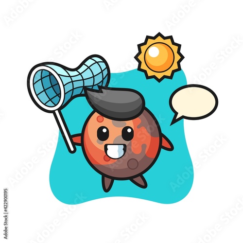 mars mascot illustration is catching butterfly