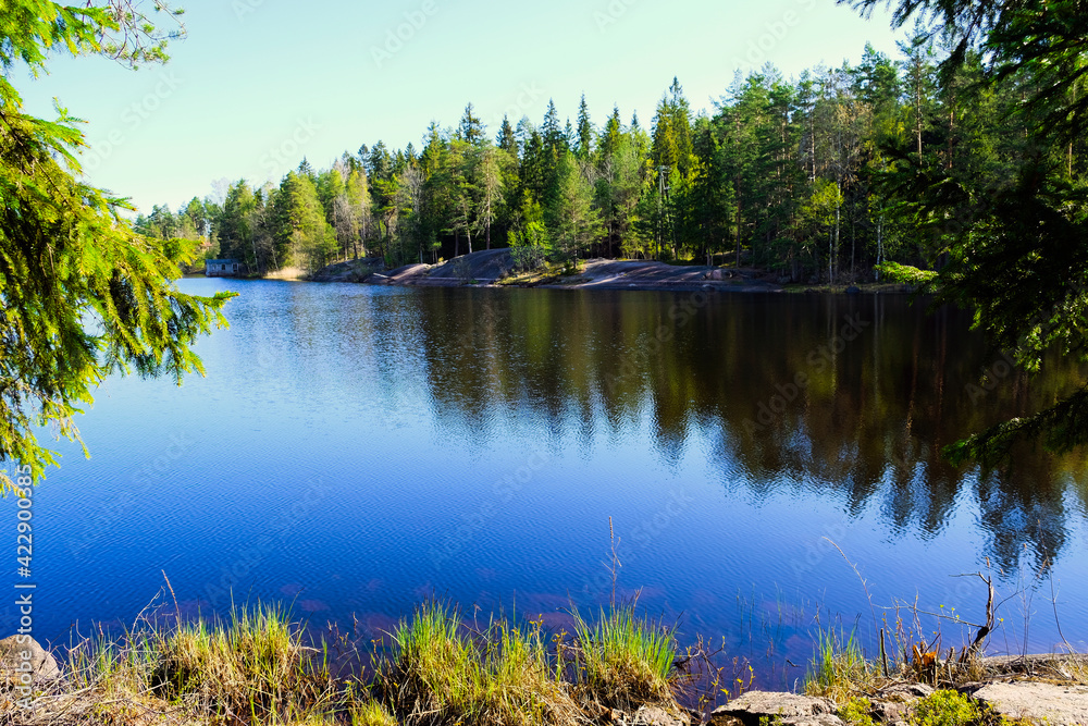 Beautiful lake shore, on a sunny spring evening. Lake background. Travel to Russia. Northern nature. Beautiful lake shore, on a sunny spring evening. Lake background. Travel to Russia. Northern nature.