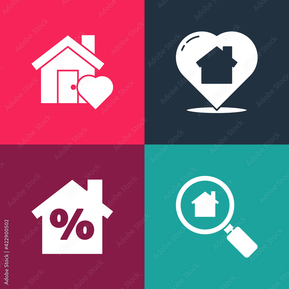 Set pop art Search house, House with percant discount, heart shape and icon. Vector Set pop art Search house, House with percant discount, heart shape and icon. Vector
