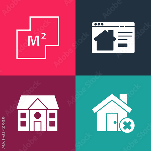 Set pop art House with wrong mark, , Online real estate house and plan icon. Vector
