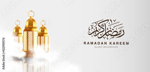Ahlan wa Sahlan Ramadan Kareem means welcome ramadan. Wallpaper design template with 3d illustration of lantern surrounding in clouds, happy muslim holiday background in gold color.
