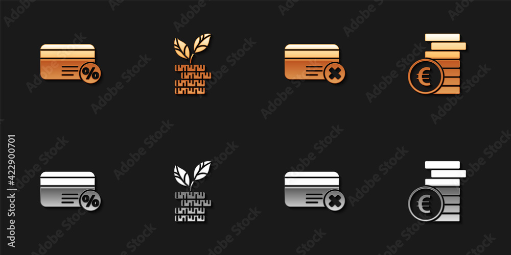 Set Discount card with percent, Dollar plant, Credit remove and Coin money euro symbol icon. Vector Set Discount card with percent, Dollar plant, Credit remove and Coin money euro symbol icon. Vector