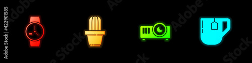 Set Wrist watch, Cactus and succulent in pot, Movie, film, media projector and Cup of tea with tea bag icon. Vector