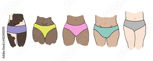 vector set of female hips in cartoon style. The concept of female hips of different races and different sizes. Inclusive collection of female bodies in panties