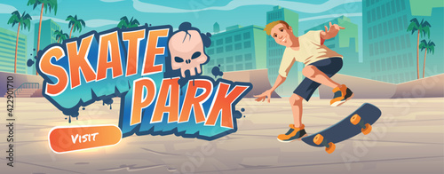 Skate park cartoon landing page with teenager