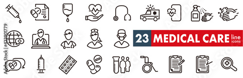 Outline icons about hospital, medical care, drug testing, scientific discovery and disease prevention signs. 