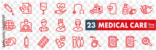 Outline icons about hospital, medical care, drug testing, scientific discovery and disease prevention signs. 