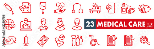 Outline icons about hospital, medical care, drug testing, scientific discovery and disease prevention signs. 