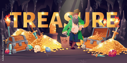 Treasure cartoon banner with pirate in cave gold