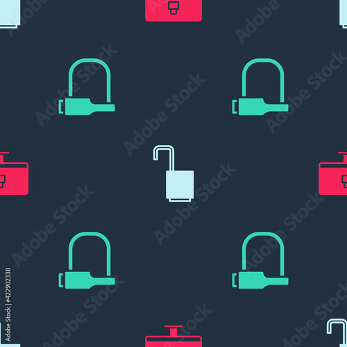 Set Lock on computer monitor, Open padlock and Bicycle on seamless pattern. Vector