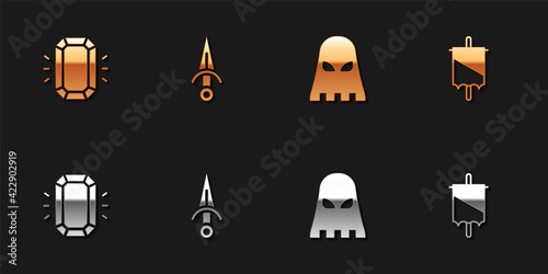 Set Diamond, Dagger, Executioner mask and Medieval flag icon. Vector