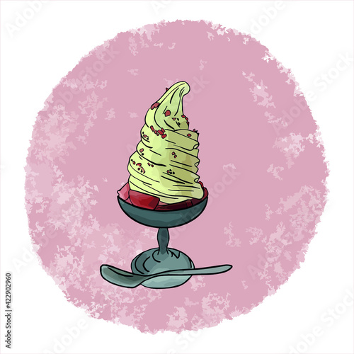 ice cream in a bowl. Strawberry dessert. Print for clothes. Design menu. Plombir, dessert, soufflé, mousse, sorbet. pink, white. watercolor. vector eps 10.