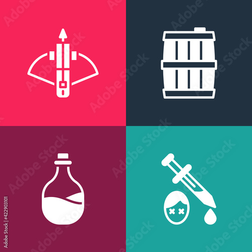 Set pop art Sword with blood, Old bottle of wine, Wooden barrel and Battle crossbow arrow icon. Vector