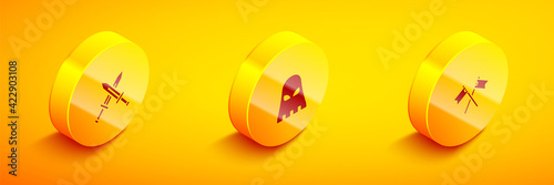Set Isometric Crossed medieval sword, Executioner mask and flag icon. Vector