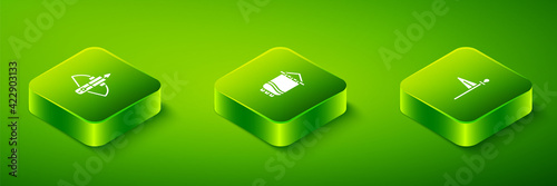 Set Isometric Medieval flag, and Battle crossbow with arrow icon. Vector