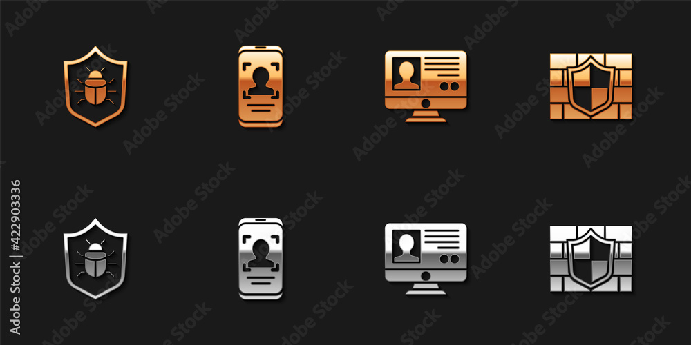 Set System bug, Mobile and face recognition, Create account screen and Shield with brick wall icon. Vector Set System bug, Mobile and face recognition, Create account screen and Shield with brick wall icon. Vector