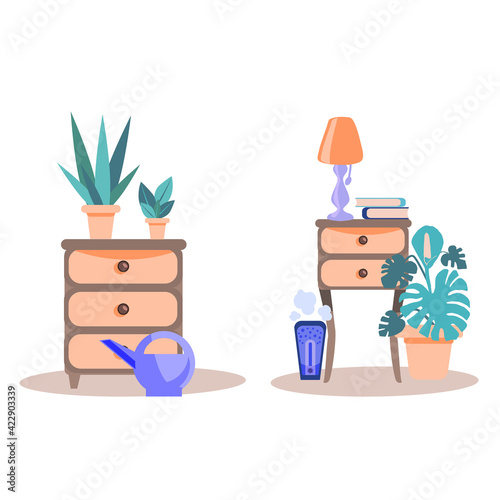 set of vector illustrations of a room with a humidifier in a flat style. collection of Humidifiers stands on the nightstand, surrounded by indoor plants. The concept of a healthy climate in the house.
