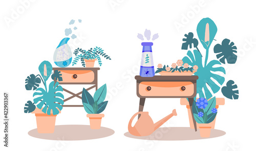 set of vector illustrations of a room with a humidifier in a flat style. collection of Humidifiers stands on the nightstand, surrounded by indoor plants. The concept of a healthy climate in the house.