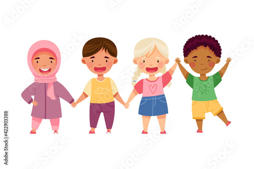 Multiethnic Children Holding Hands and Smiling Vector Illustration