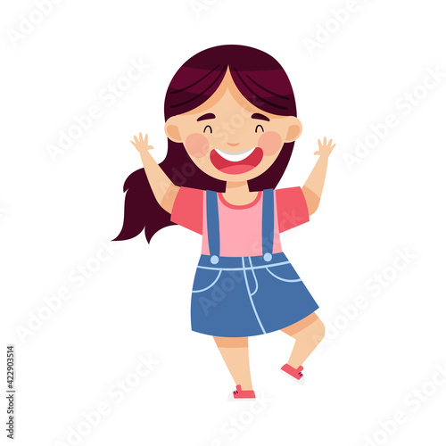 Smiling Girl Character Greeting Waving Hands Vector Illustration