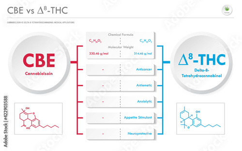 CBE vs ∆8-THC, Cannabielsoin vs Delta 8 Tetrahydrocannabinol horizontal business infographic illustration about cannabis as herbal alternative medicine and chemical therapy, healthcare medical vector.