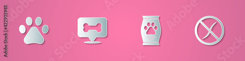 Set paper cut Paw print, Dog bone, Bag of food and Anti worms parasite icon. Paper art style. Vector