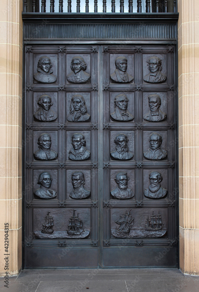 Bronze portico doors of the State library of NSW. The doors feature