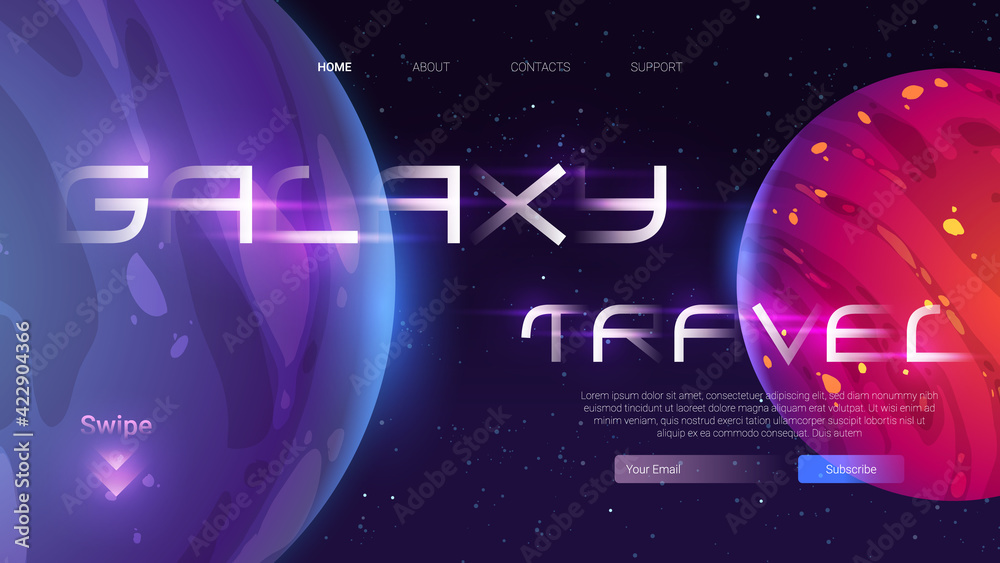 Galaxy travel cartoon landing page with planets