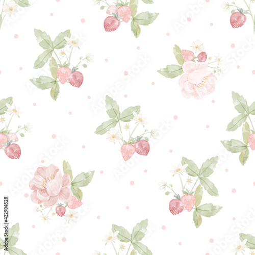 watercolor hand drawn pink peony flower and strawberry seamless pattern