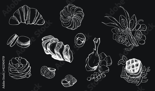 French cuisine dishes set. Line art. Black background.