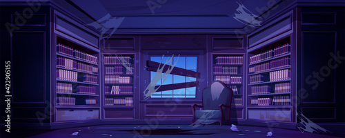 Old dirty library with bookcases at night