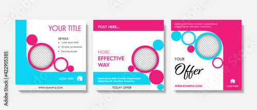 Clean social media post templates with circle design. Magenta and blue contrast accent graphics for facebook. Design layouts for digital marketing	and product offer.