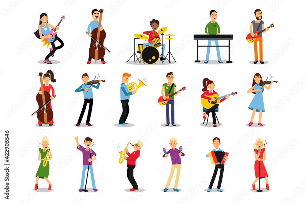 Man and Woman Musicians Playing Musical Instruments Vector Illustration Set Man and Woman Musicians Playing Musical Instruments Vector Illustration Set