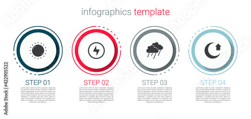 Set Sun, Lightning bolt, Cloud with rain and Moon. Business infographic template. Vector