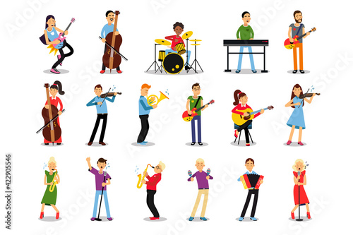 Man and Woman Musicians Playing Musical Instruments Vector Illustration Set