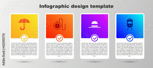 Set Umbrella, Watch with chain, Elegant women hat and Tram and railway. Business infographic template. Vector