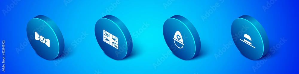 Set Isometric Bow tie, British police helmet, Elegant women hat and Flag of Great Britain icon. Vector