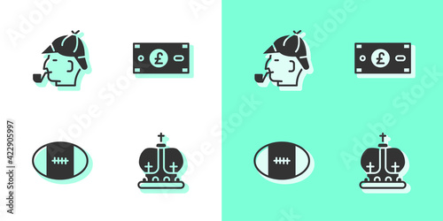 Set British crown, Sherlock Holmes, Rugby ball and Pound sterling money icon. Vector