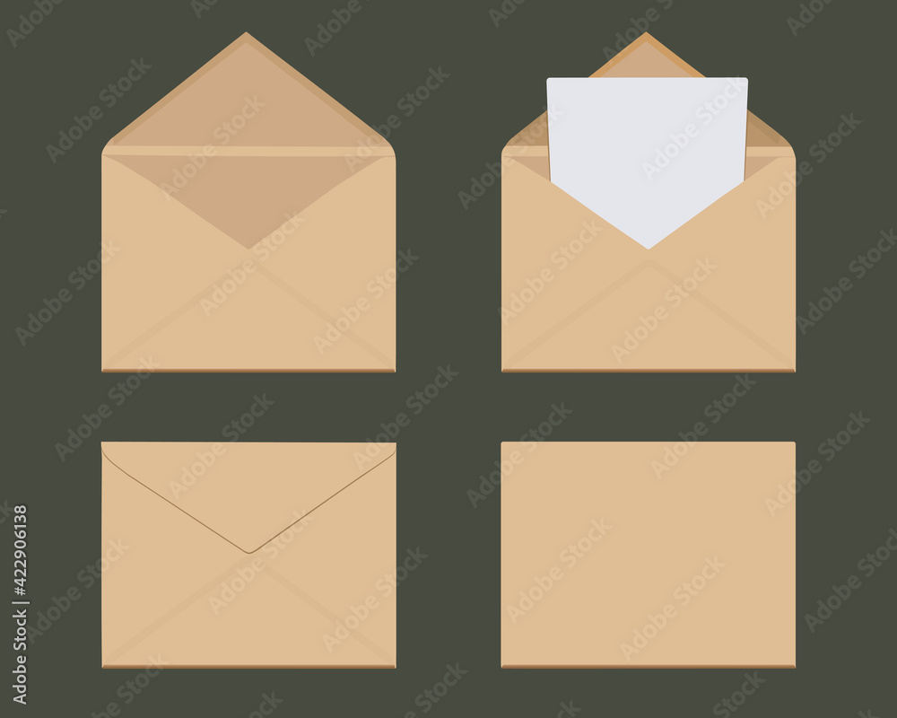 Set of four closed and open light brown envelopes on a white background. Blank, blank sheet of paper with copy space. Isolated objects, mockup, layout. Illustration and vector image. Copy space. Set of four closed and open light brown envelopes on a white background. Blank, blank sheet of paper with copy space. Isolated objects, mockup, layout. Illustration and vector image. Copy space.