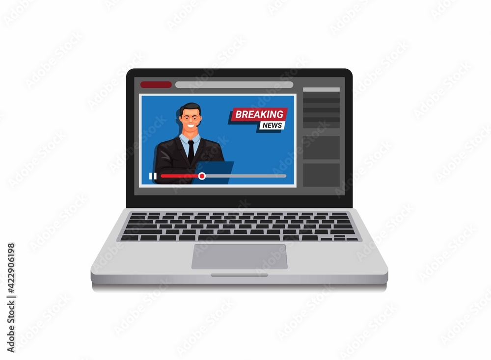 Online Breaking News video streaming on laptop concept in cartoon illustration vector Online Breaking News video streaming on laptop concept in cartoon illustration vector