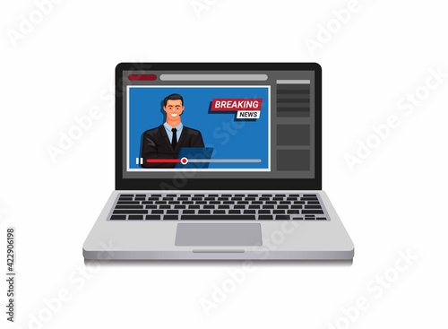Online Breaking News video streaming on laptop concept in cartoon illustration vector