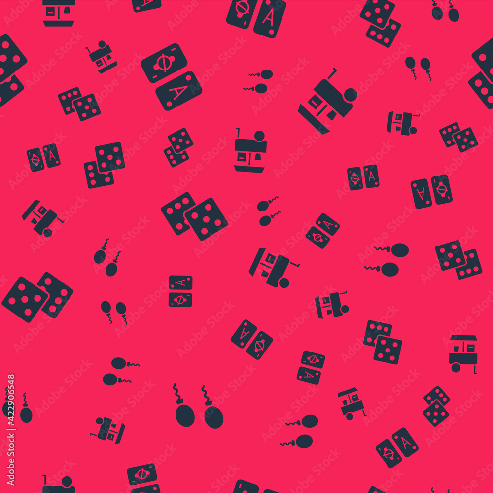 Set Balloons, Tarot cards, Game dice and Fast street food cart on seamless pattern. Vector Set Balloons, Tarot cards, Game dice and Fast street food cart on seamless pattern. Vector