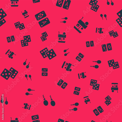 Set Balloons, Tarot cards, Game dice and Fast street food cart on seamless pattern. Vector