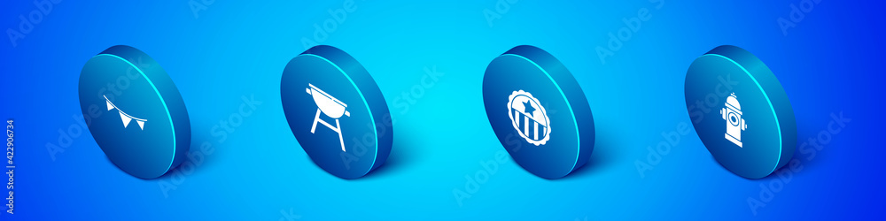 Set Isometric Carnival garland with flags, Medal star, Fire hydrant and Barbecue grill icon. Vector Set Isometric Carnival garland with flags, Medal star, Fire hydrant and Barbecue grill icon. Vector