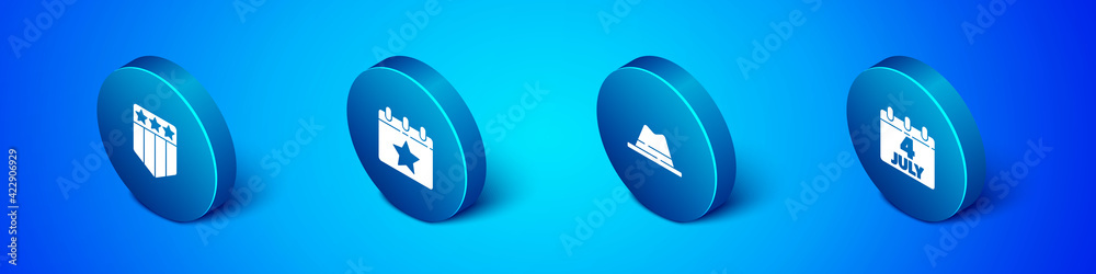 Set Isometric Shield with stars, Man hat ribbon, Calendar date July 4 and icon. Vector Set Isometric Shield with stars, Man hat ribbon, Calendar date July 4 and icon. Vector