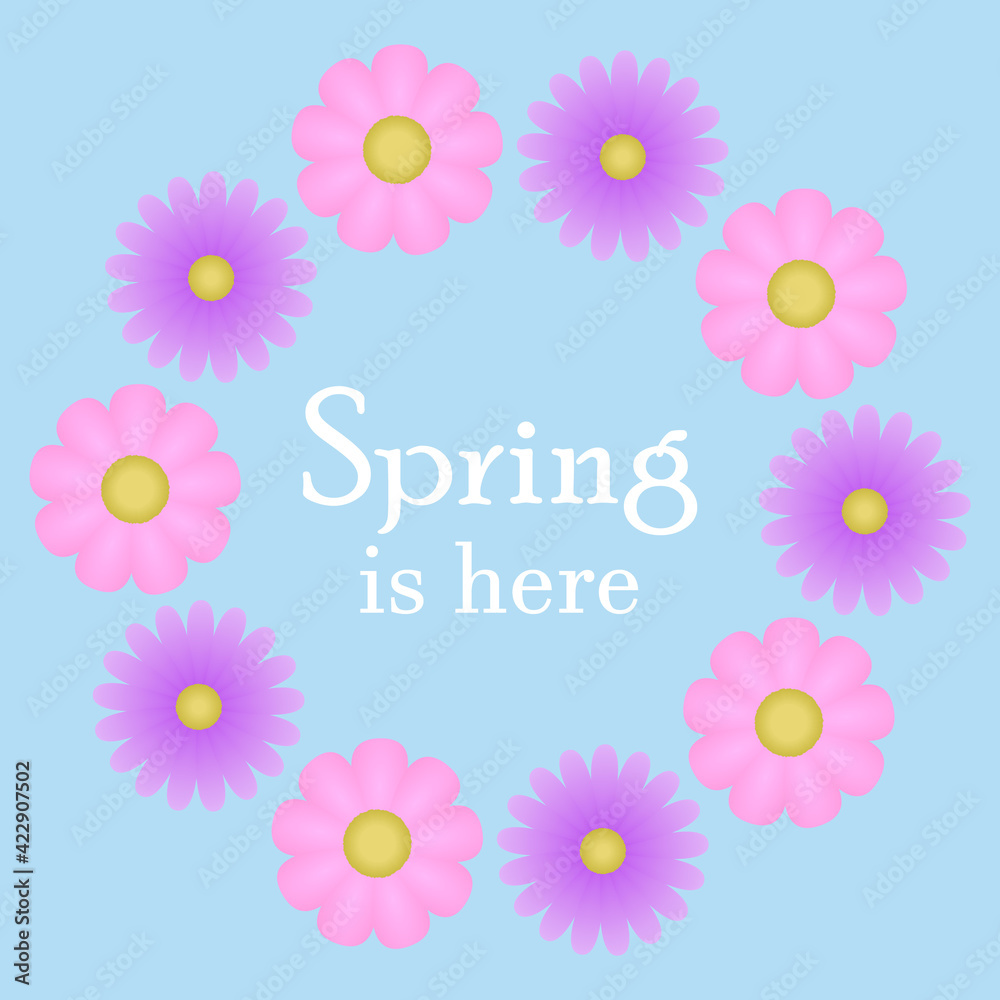 Spring is here banner. Template seasonal design with beautiful flower frame on blue background. For poster, web, greeting card, postcard, flier, backdrop