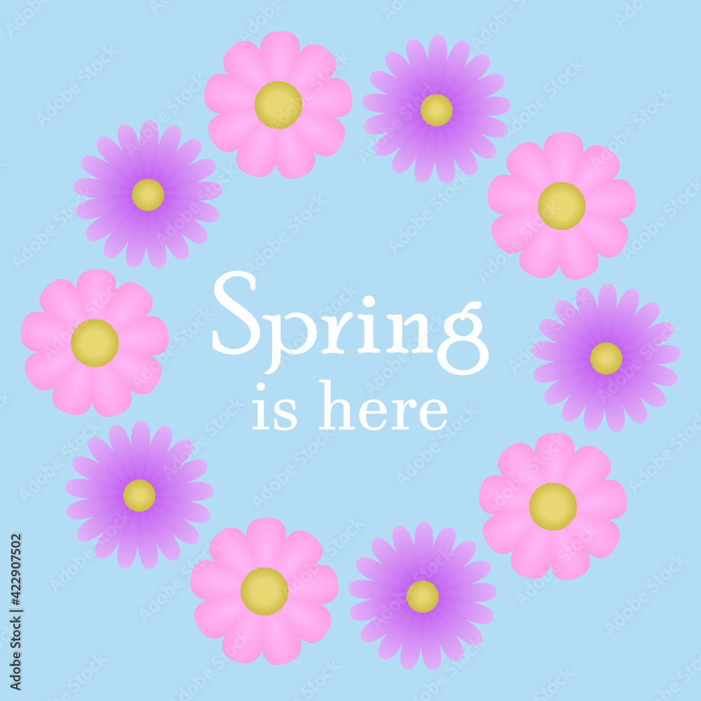 Spring is here banner. Template seasonal design with beautiful flower frame on blue background. For poster, web, greeting card, postcard, flier, backdrop Spring is here banner. Template seasonal design with beautiful flower frame on blue background. For poster, web, greeting card, postcard, flier, backdrop