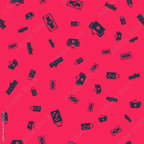 Set Pickled cucumbers in a jar, Russian ruble banknote, Birch tree and Ushanka on seamless pattern. Vector