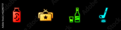 Set Pickled cucumbers in a jar, Ushanka, Bottle of vodka with glass and Ice hockey stick and puck icon. Vector