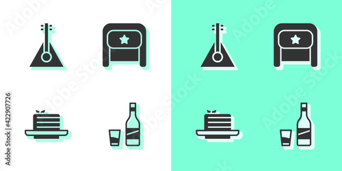 Set Bottle of vodka with glass, Balalaika, Medovik and Ushanka icon. Vector